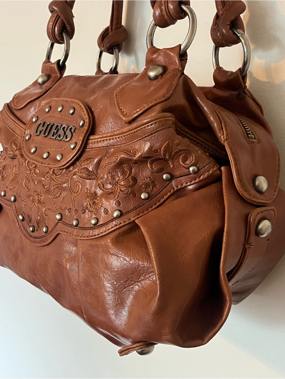 Vintage Y2K GUESS Brown Embroidered Studded Shoulder Satchel Bag - Picture 5 of 16